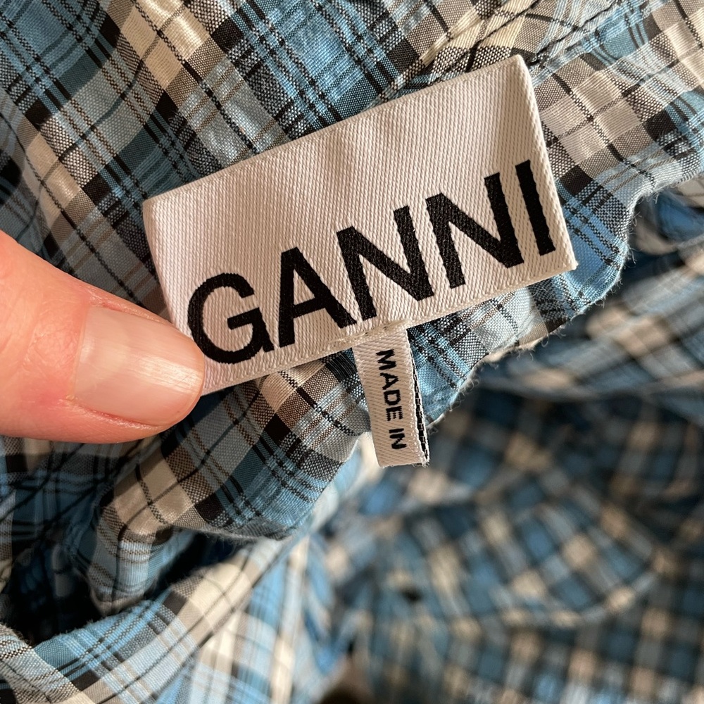 GANNI Seersucker Check V-Neck Ruffle Blouse in Azure Blue - Picture 9 of 14